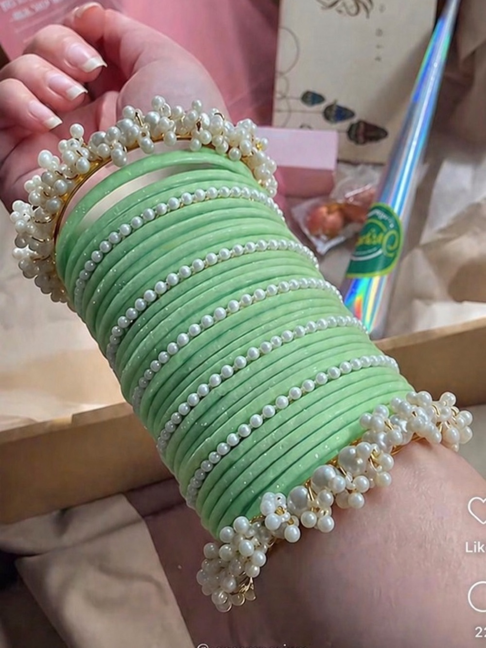 PAKISTANI DESIGNER BANGLES SET Pearl Trim PASTEL GREEN GORGEOUS VELVET GAJRA